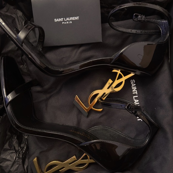 Saint Laurent Black Patent Heels with Gold Accents - Picture 1 of 1
